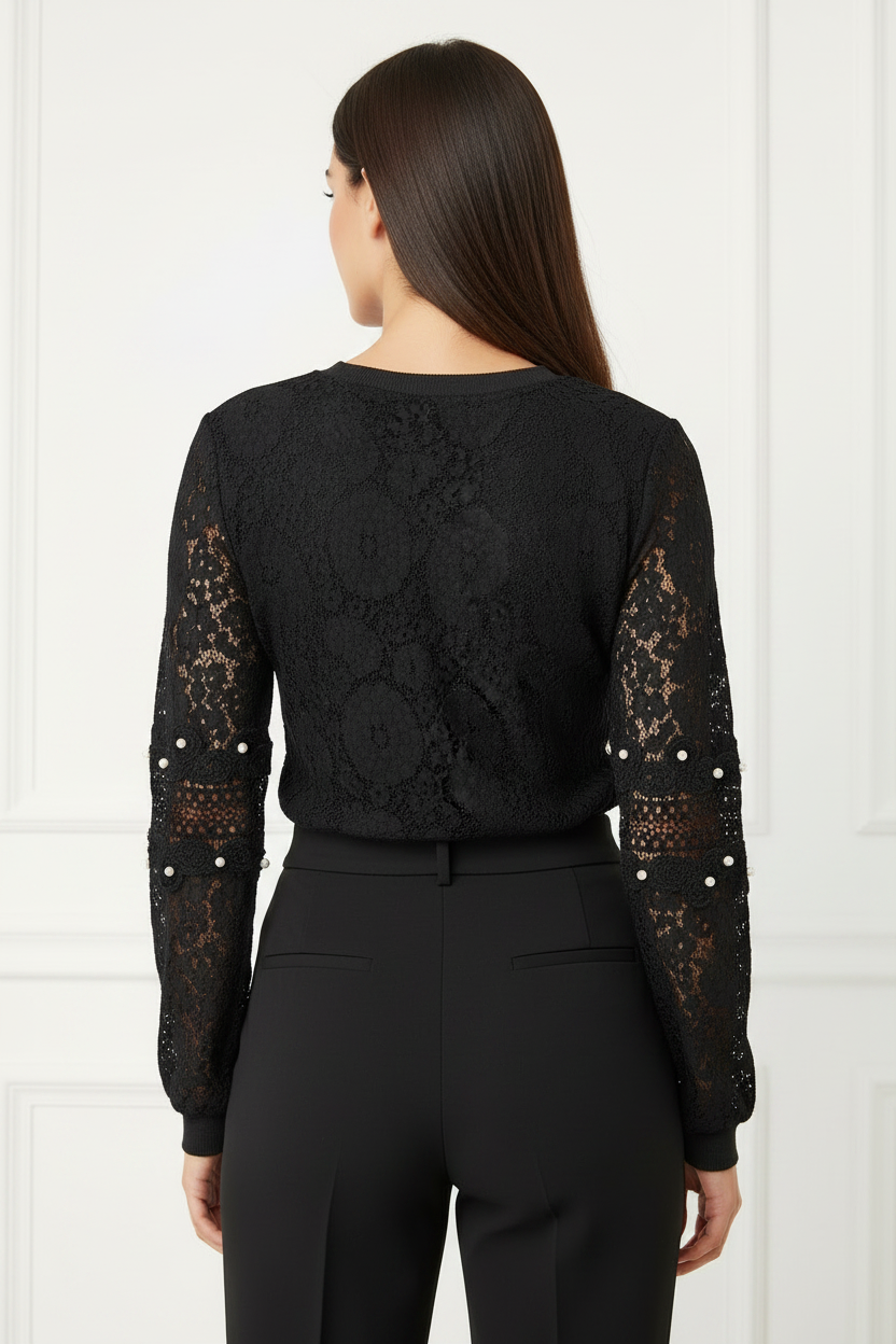 Black Floral Lace Pearl Sleeve Women's Top