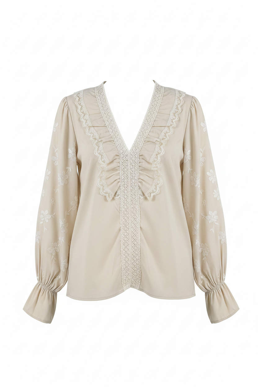 Cream Lace Ruffle Front Women's Top