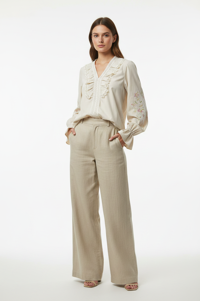 Cream Lace Ruffle Front Women's Top