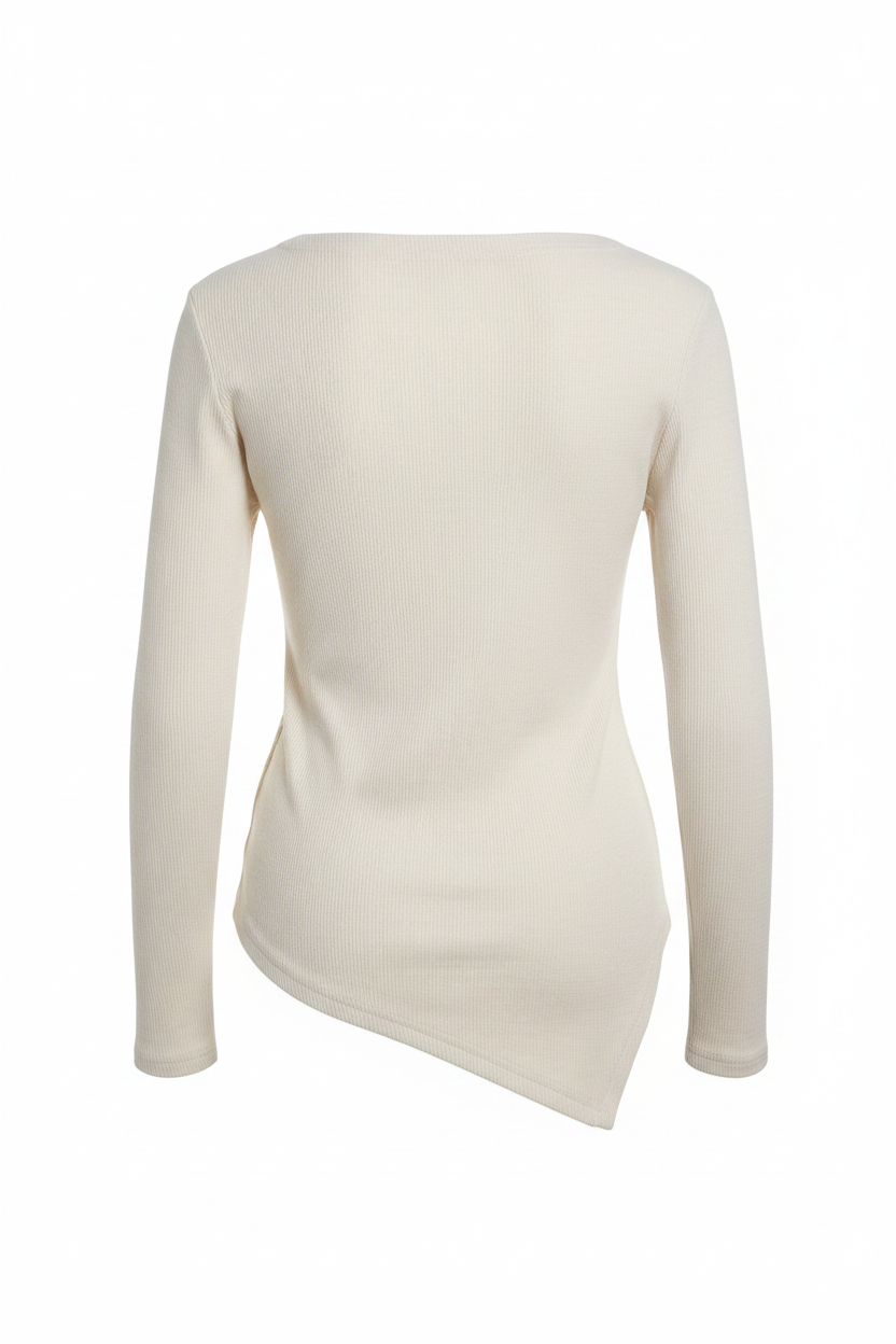 Cream Ribbed Knit Wrap Front Asymmetric Women's Top