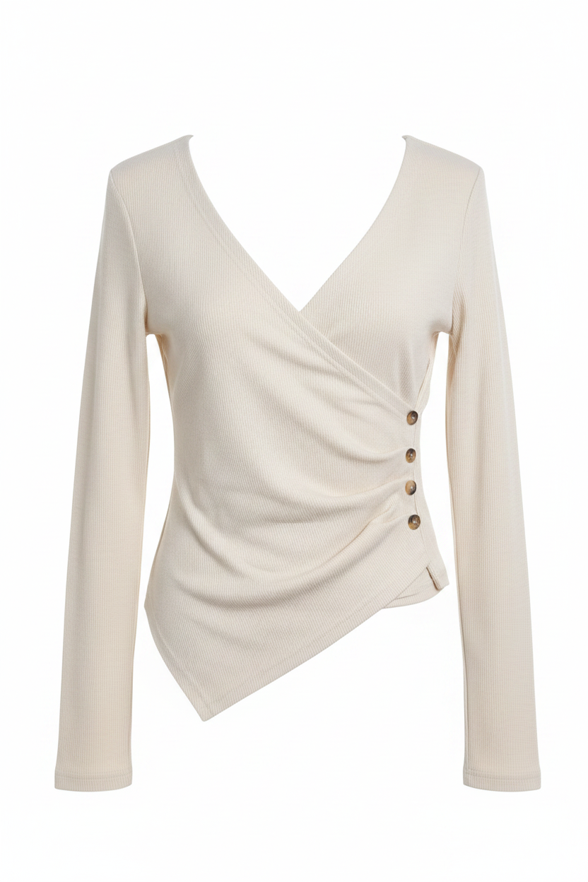 Cream Ribbed Knit Wrap Front Asymmetric Women's Top