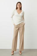Cream Ribbed Knit Wrap Front Asymmetric Women's Top