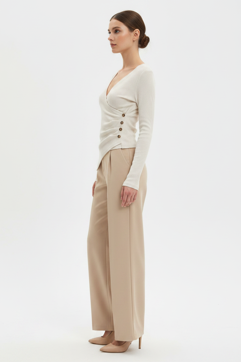 Cream Ribbed Knit Wrap Front Asymmetric Women's Top