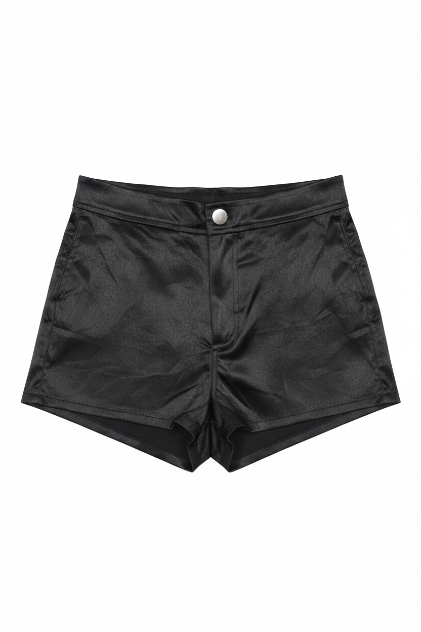 High-Waist Black Satin Shorts