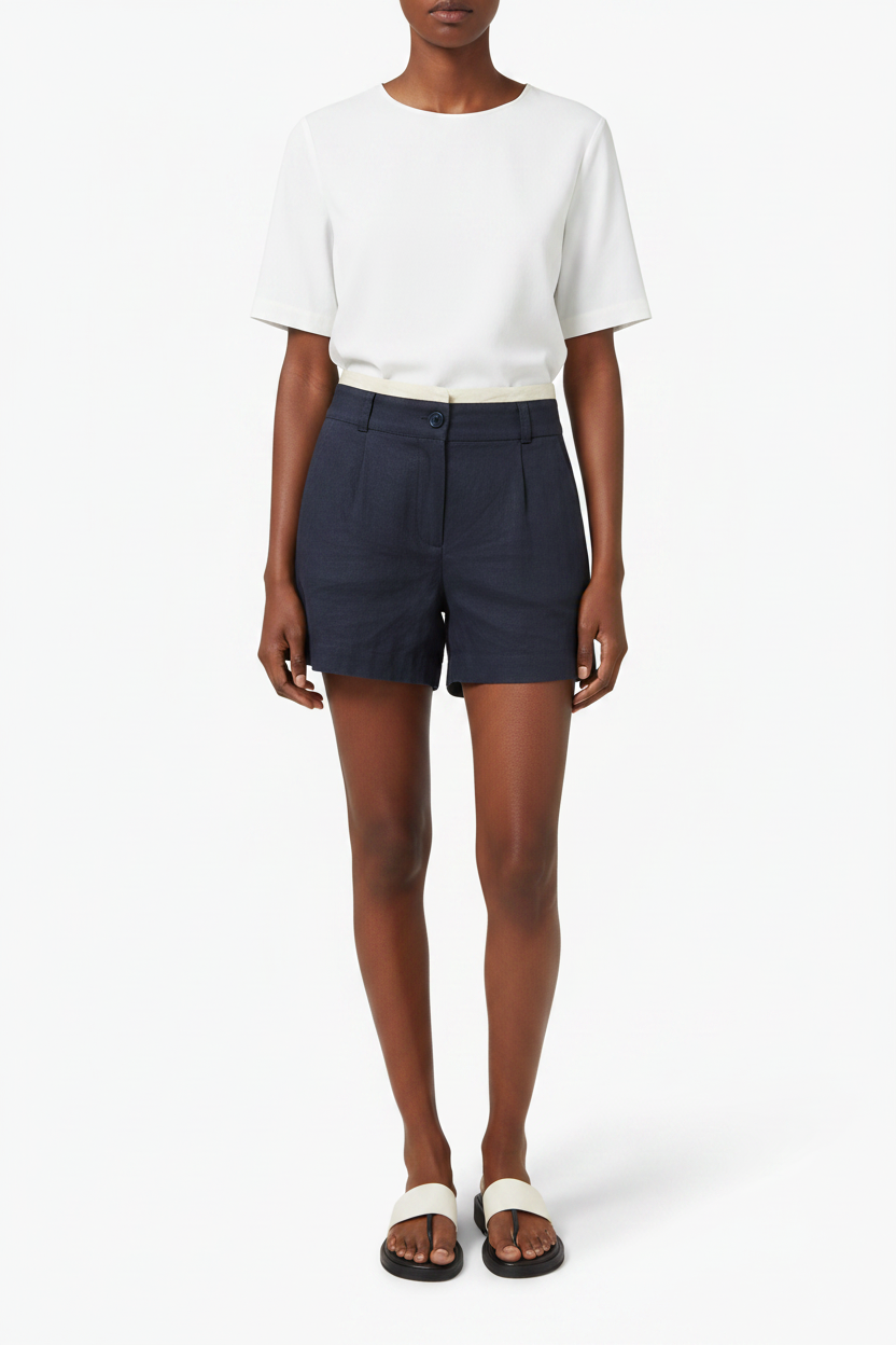 Navy Blue Linen Shorts with Contrast Waistband