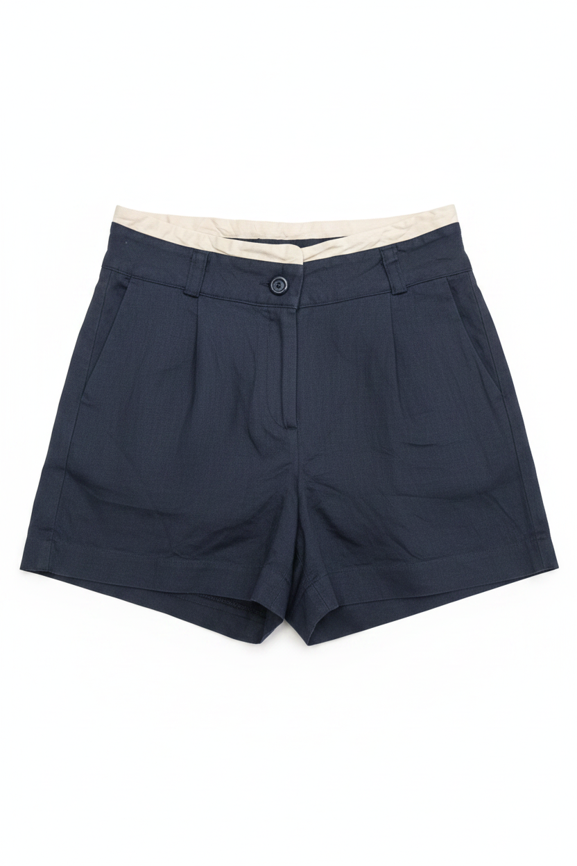 Navy Blue Linen Shorts with Contrast Waistband