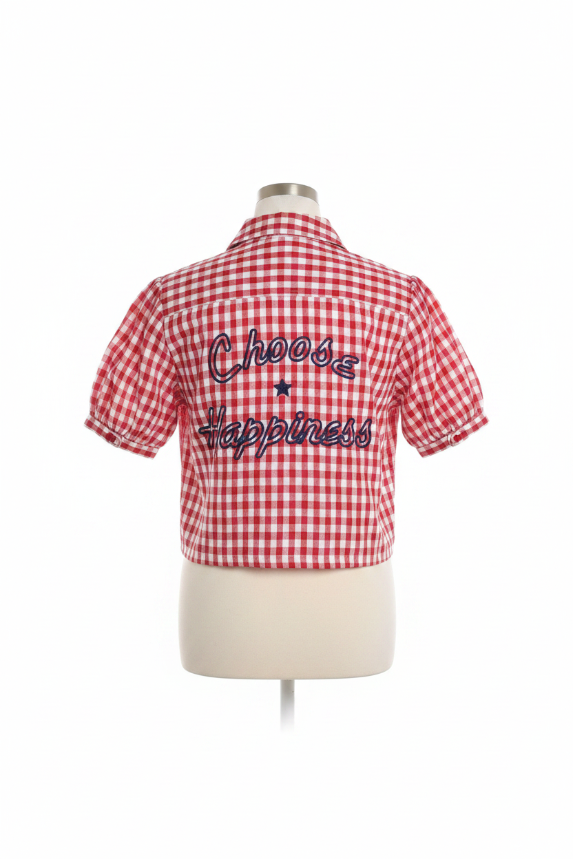 Red Gingham "Choose Happiness" Puff Sleeve Women's Shirt