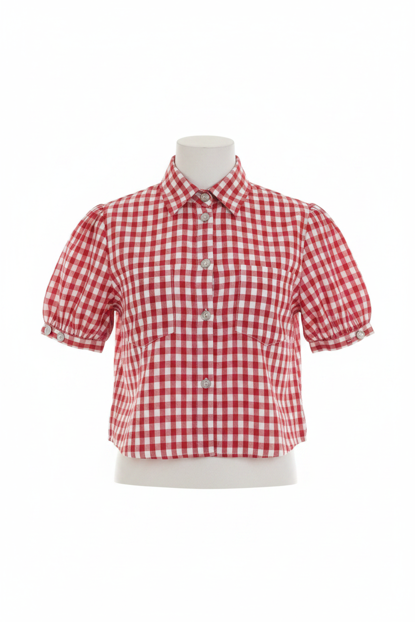 Red Gingham "Choose Happiness" Puff Sleeve Women's Shirt