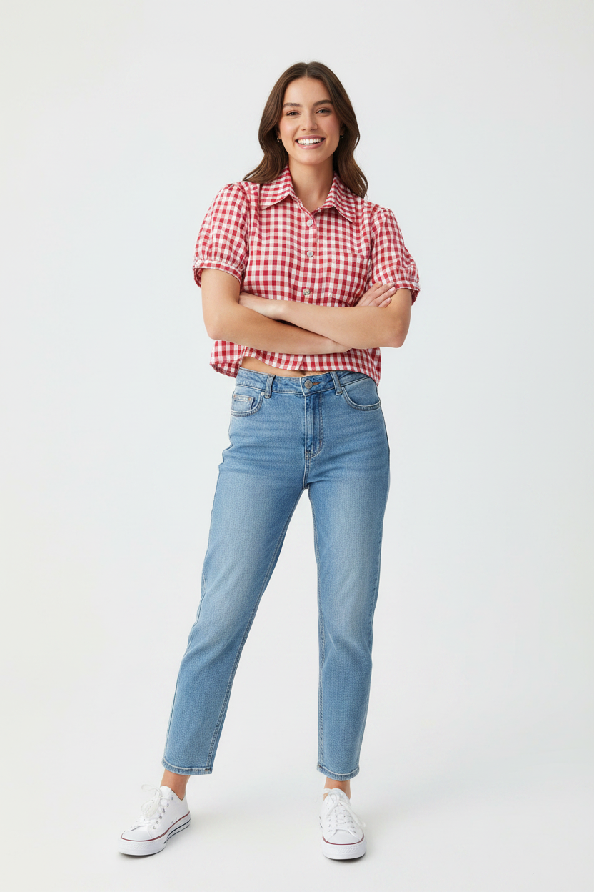 Red Gingham "Choose Happiness" Puff Sleeve Women's Shirt
