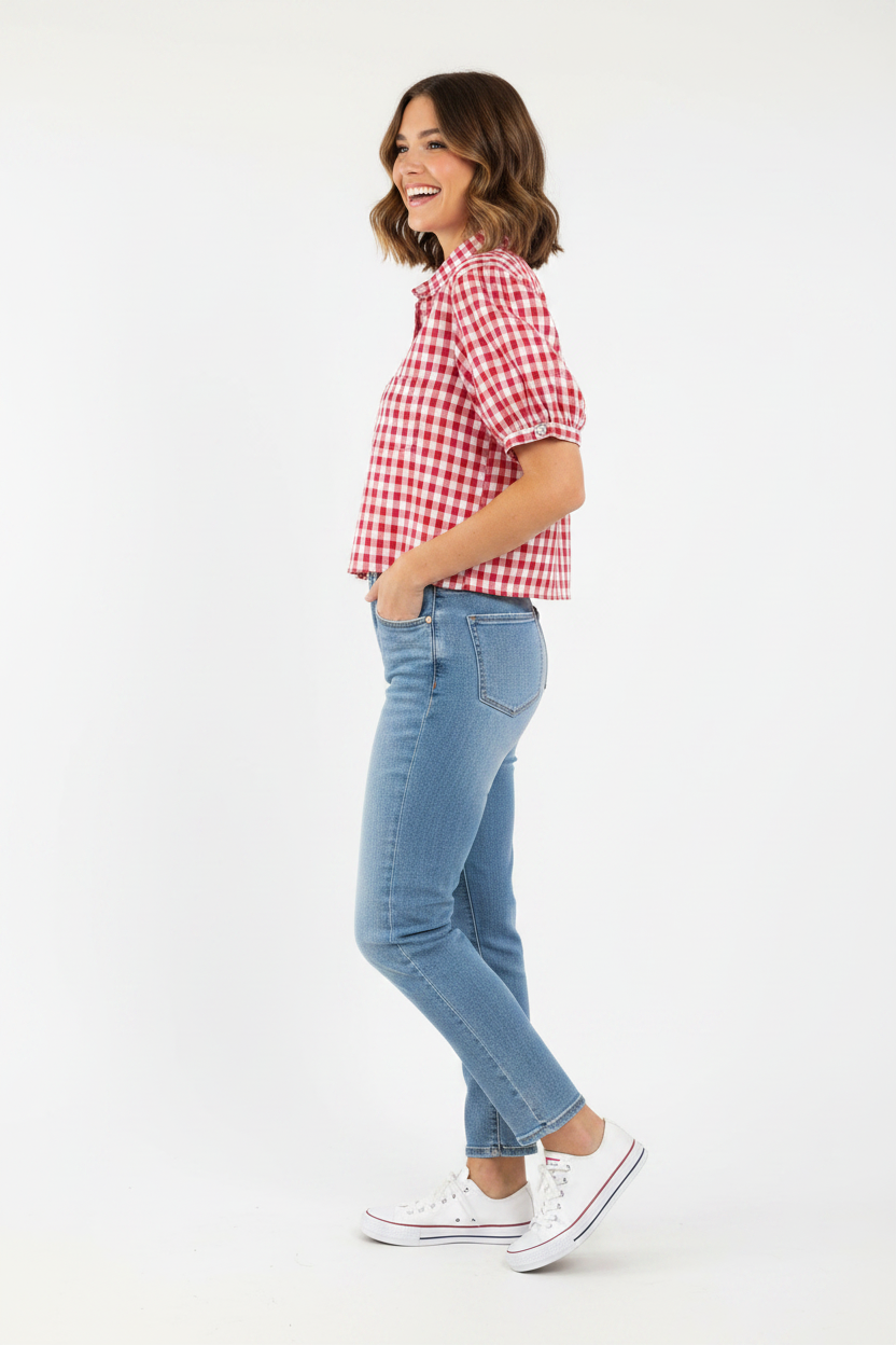 Red Gingham "Choose Happiness" Puff Sleeve Women's Shirt