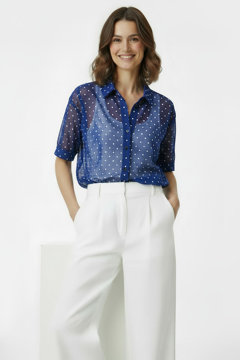 Royal Blue Polka Dot Sheer Net Shirt