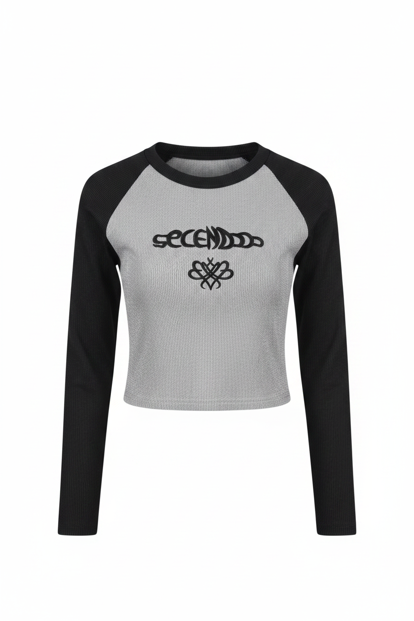 Grey Shimmer Raglan "Secondo" Embroidered Women's Crop Top