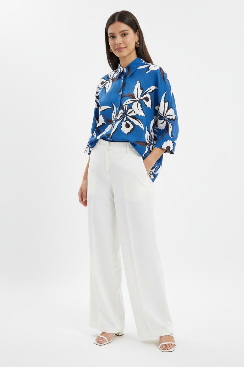 Royal Blue Tropical Floral Print Women's Shirt